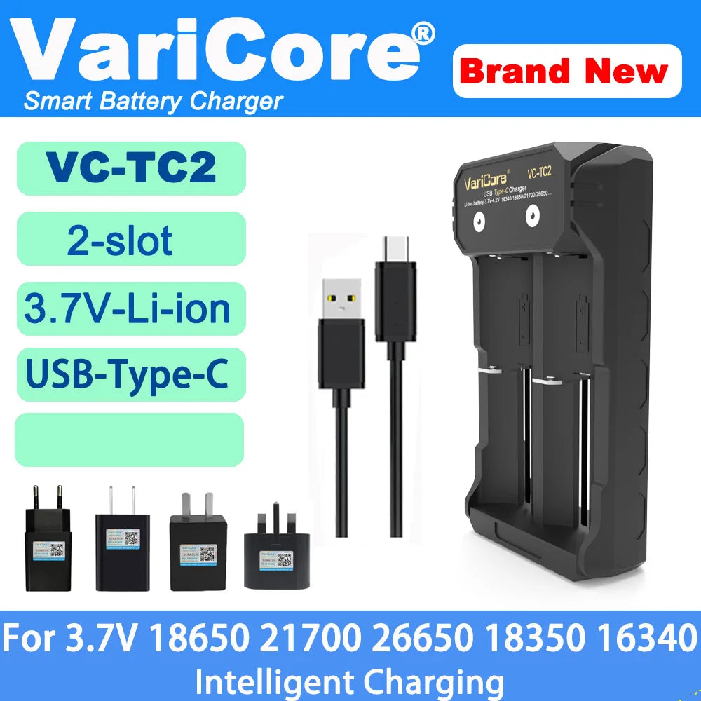 VCQ4 4-Slot Intelligent Battery Charger Portable for 3.7V Lithium 18650 26650 21700 18500 18350 1.2V NI-MH Ni-Cd AA AAA