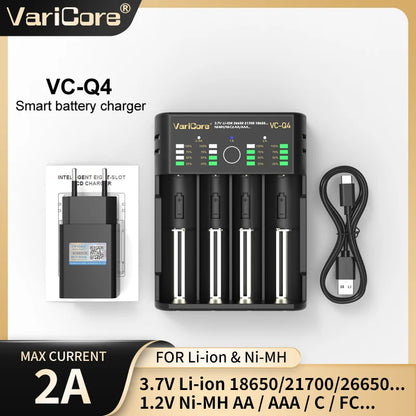 VCQ4 4-Slot Intelligent Battery Charger Portable for 3.7V Lithium 18650 26650 21700 18500 18350 1.2V NI-MH Ni-Cd AA AAA