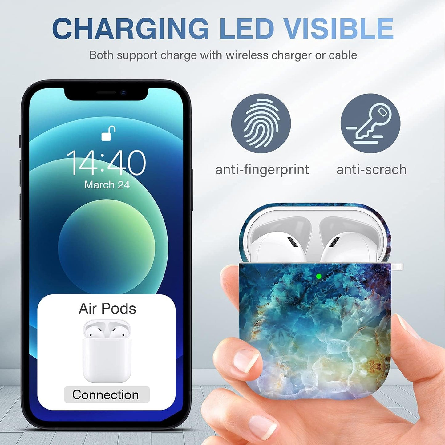 For Airpods Case Cover, for Airpods Protective Cases Shockproof Hard PC Cover Skin Kit with Keychain for Girls Men Women Compatible with for Airpods 2& 1 Charging Case [Front LED Visible]