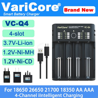 VCQ4 4-Slot Intelligent Battery Charger Portable for 3.7V Lithium 18650 26650 21700 18500 18350 1.2V NI-MH Ni-Cd AA AAA